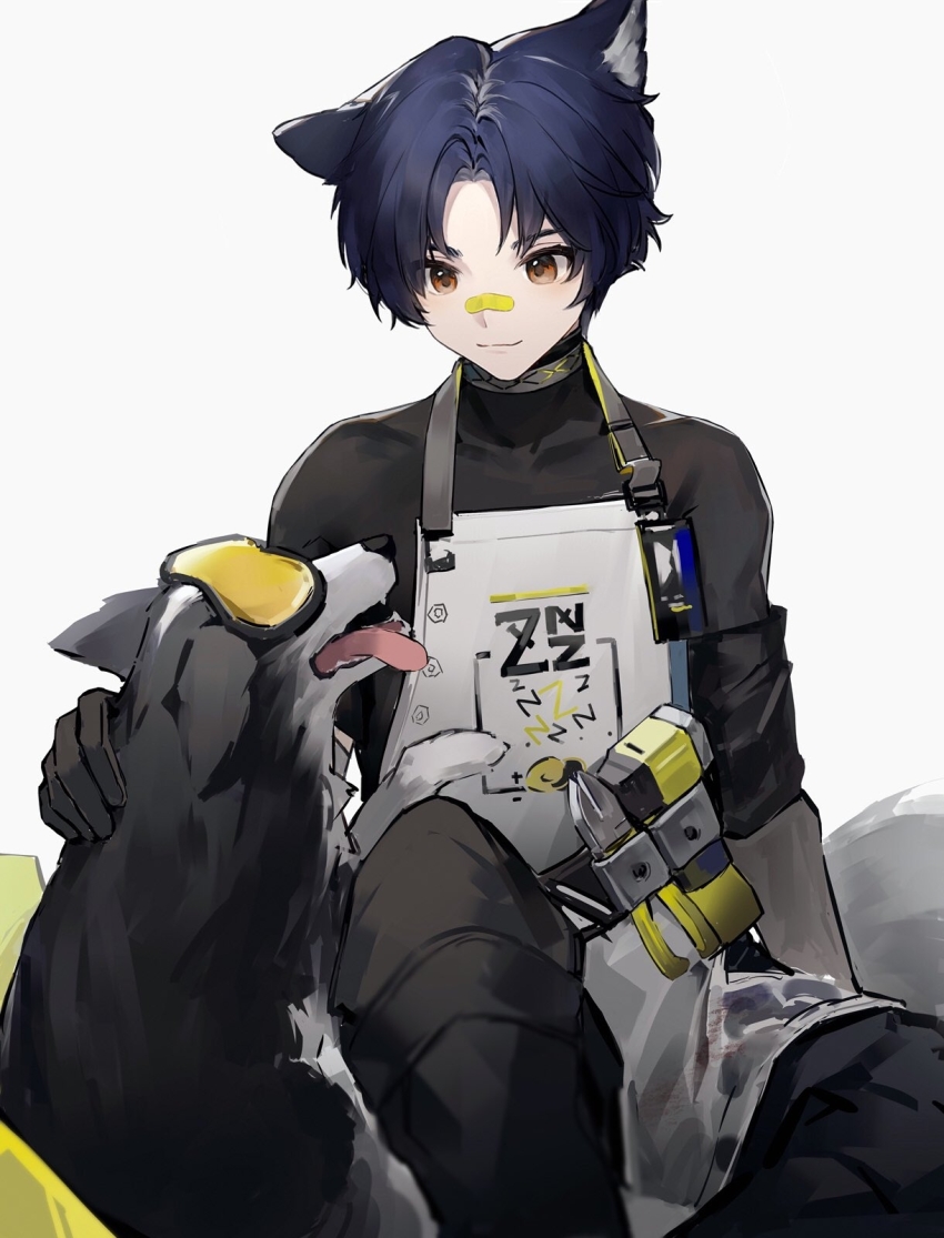 1boy animal_ears apron arknights bandaid bandaid_on_face bandaid_on_nose bishounen black_pants black_shirt blue_hair closed_mouth commentary dog dog_boy dog_ears dog_tail english_commentary gloves goggles grey_gloves heridy highres id_card infection_monitor_(arknights) male_focus orange_eyes pants shirt short_hair simple_background sitting smile solo tail tinted_eyewear tool_belt white_apron white_background windflit_(arknights) wire_cutters yellow-tinted_eyewear