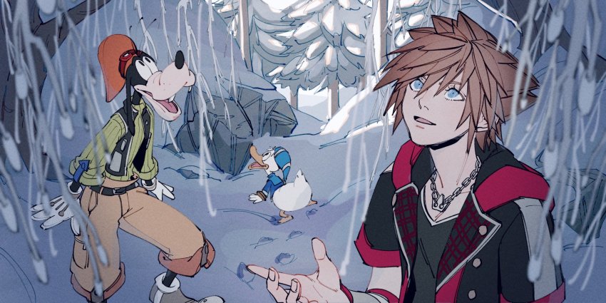 3boys black_jacket black_shirt black_vest blue_eyes blue_headwear brown_hair brown_pants chain chain_necklace donald_duck feet_out_of_frame footprints forest full_body gloves goofy green_sweater grey_footwear hair_between_eyes hat highres hood hood_down hooded_jacket jacket jewelry kingdom_hearts kingdom_hearts_iii looking_up male_focus mickey_mouse_&amp;_friends multiple_boys nature necklace no_pants oimo_(oimkimn) open_mouth orange_headwear outdoors pants plaid shirt short_hair short_sleeves snow sora_(kingdom_hearts) spiked_hair standing sweater tree turtleneck turtleneck_sweater upper_body vest white_gloves winter