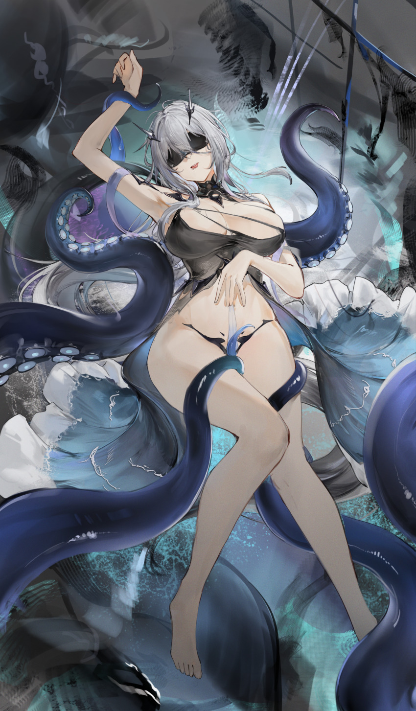 1girl absurdres arm_up azur_lane black_shirt blue_dress breasts dress eye_mask facing_viewer fancy_(azur_lane) flantia hand_on_own_stomach highres horns knees_together_feet_apart mask mast no_panties open_mouth shirt solo storm tentacle_tongue tentacles thick_thighs thighs torn_clothes torn_shirt white_eyes white_hair