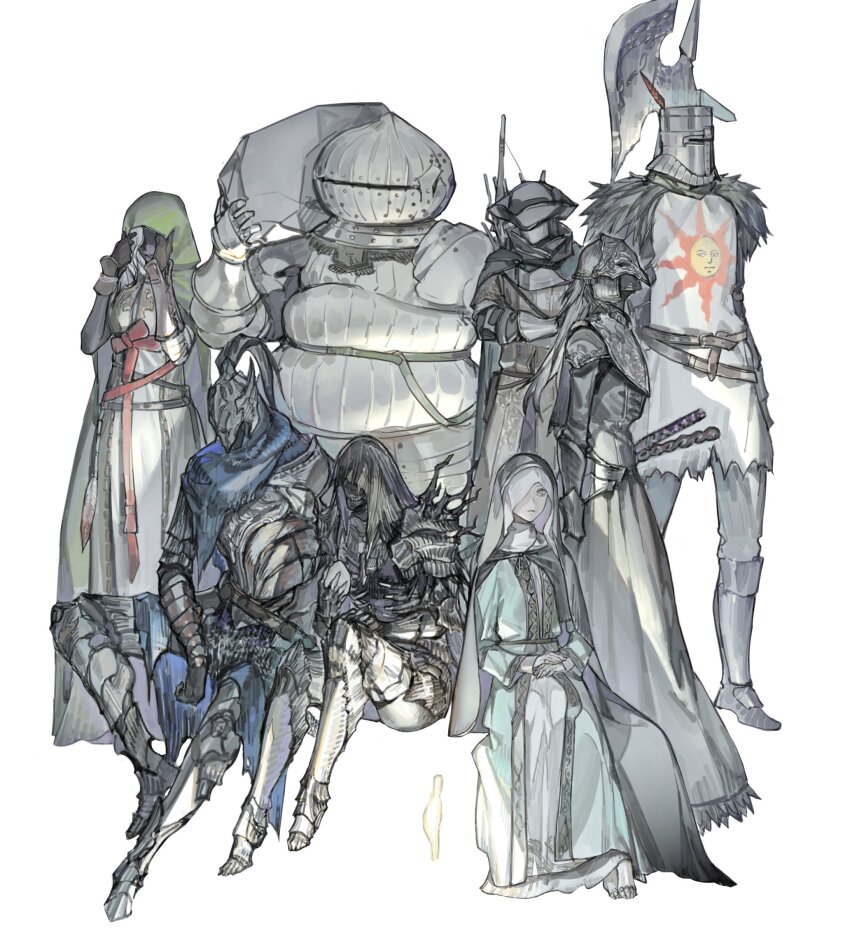 3girls 5boys armor artorias_the_abysswalker artorias_the_abysswalker_(cosplay) barefoot belt black_dress cloak colored_skin cosplay crossed_arms curtained_hair darkwraith_(dark_souls) doll_joints dress elden_ring elden_ring_nightreign emerald_herald emerald_herald_(cosplay) facing_viewer feathers from_side full_armor gauntlets greaves green_cloak green_hood grey_skin hands_on_lap hat helmet highres holding holding_rock joints long_hair multiple_boys multiple_girls official_alternate_costume pauldrons polearm raider_(elden_ring) recluse_(elden_ring) red_belt riio ringfinger_leonard ringfinger_leonard_(cosplay) rock scabbard sheath shoulder_armor siegmeyer_of_catarina siegmeyer_of_catarina_(cosplay) sister_friede sister_friede_(cosplay) sitting solaire_of_astora solaire_of_astora_(cosplay) standing sword tricorne weapon white_background white_dress white_hair wylder_(elden_ring) yuria_of_londor yuria_of_londor_(cosplay)