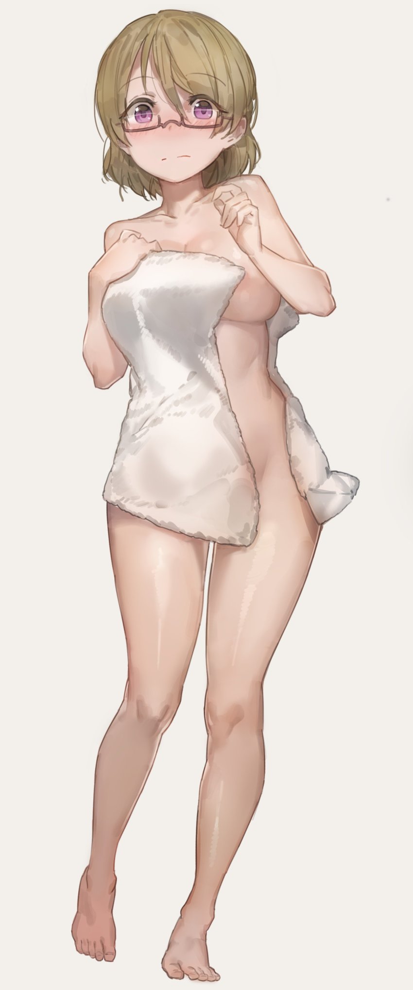 10s 1girl :| absurdres barefoot blush breasts brown_hair closed_mouth collarbone embarrassed female_focus free_style_(yohan1754) full_body glasses highres koizumi_hanayo looking_at_viewer love_live! love_live!_school_idol_project medium_breasts naked_towel nose_blush purple_eyes semi-rimless_eyewear short_hair simple_background solo standing tareme towel under-rim_eyewear white_background