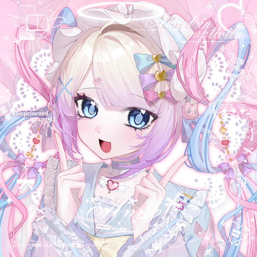 1girl :d blonde_hair blue_collar blue_eyes blue_hair blue_serafuku blunt_bangs border bow cat_hair_ornament chouzetsusaikawa_tenshi-chan collar colored_tips frilled_collar frills grin hair_bow hair_ornament halo highres lace looking_at_viewer maid_headdress multicolored_hair multiple_hair_bows needy_girl_overdose open_mouth pink_border pink_hair pointing pointing_up quad_tails school_uniform serafuku smile solo sparkle upper_body x_hair_ornament xi69386500