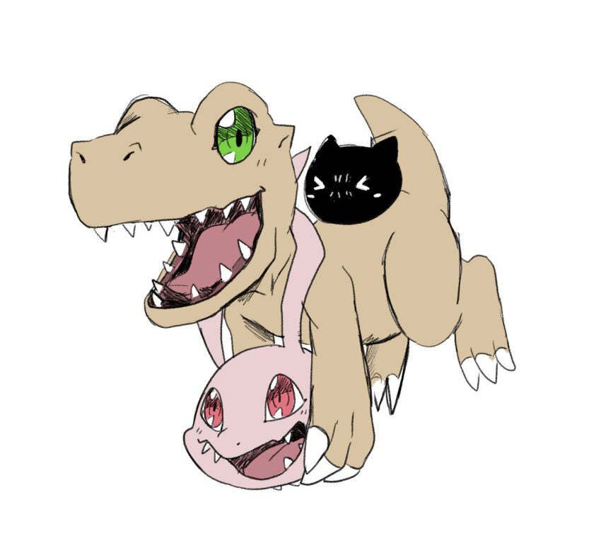 agumon botamon claws digimon digimon_(creature) koromon no_humans open_mouth red_eyes sharp_teeth simple_background slayer_dramonz teeth white_background