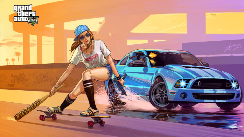 1boy 1girl aviator_sunglasses baseball_cap blouse blue-tinted_eyewear blue-tinted_glasses brown_hair bullet_hole dark-skinned_male dark_skin firing ford ford_mustang ford_mustang_s197 grand_theft_auto grand_theft_auto_v gun hat highres holding holding_gun holding_weapon jeffholy leg_tattoo lip_piercing logo middle_finger original parody parted_lips piercing profanity shelby_gt500 shirt shoes skateboard skateboarding spiked_bat style_parody submachine_gun sunglasses tattoo tinted_eyewear vehicle_focus watermark weapon web_address white_shirt yellow_shoes