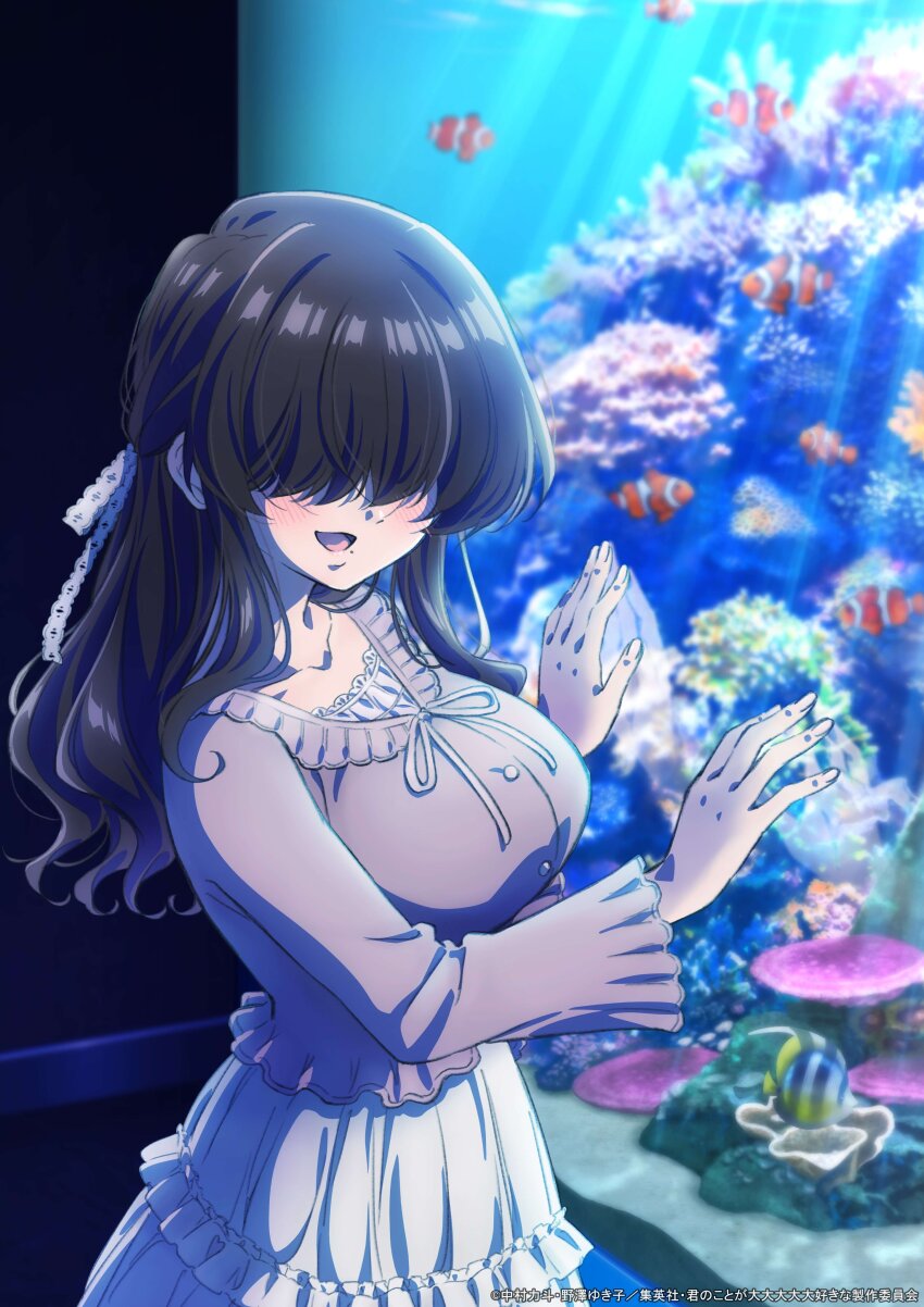 1girl :d absurdres aquarium artist_request black_hair blush breasts clownfish commentary_request coral covered_eyes facing_viewer fish glass hair_over_eyes hair_ribbon highres kakure_meme kimi_no_koto_ga_dai_dai_dai_dai_daisuki_na_100-nin_no_kanojo large_breasts long_bangs long_hair long_sleeves official_art open_mouth pink_shirt ribbon shirt skirt smile solo white_ribbon white_skirt