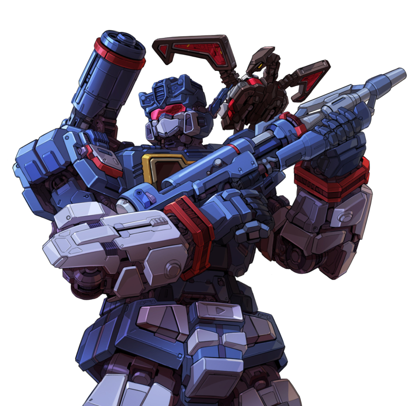 assault_visor commentary decepticon gun highres holding holding_gun holding_weapon laserbeak mecha mecha_focus no_humans red_visor robot science_fiction shoulder_cannon simple_background solo soundwave_(transformers) taedu transformers turning_head upper_body weapon white_background