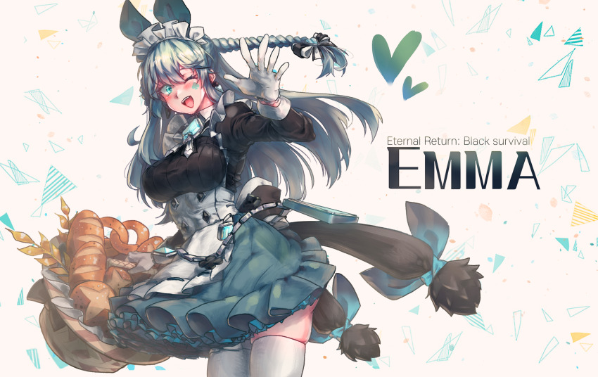 1girl :d alternate_costume apron arm_up basket black_survival blue_bow blue_eyes blue_gemstone blue_hair blush bow braid bread breasts character_name commentary copyright_name cowboy_shot dress emma_hardy english_commentary enmaided eternal_return:_black_survival facial_hair food frilled_apron frilled_dress frills gem gloves hair_between_eyes hair_bow hair_ornament heart highres holding holding_basket large_breasts long_hair long_sleeves looking_at_viewer maid maid_apron maid_headdress multicolored_bow official_alternate_costume one_eye_closed open_mouth pretzel saragada smile solo spade_(shape) teeth thighhighs triangle underbust upper_teeth_only wheat white_gloves white_thighhighs zettai_ryouiki