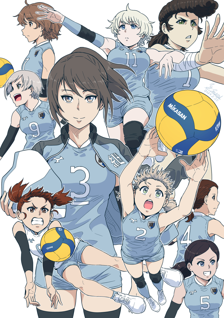 6+girls absurdres aki_(girls_und_panzer) alternate_hairstyle ankle_socks ari_(girls_und_panzer) arms_up artist_name ball black_hair blue_eyes blue_headwear blue_jacket blue_shirt blue_shorts blue_socks brand_name_imitation brown_eyes brown_hair bumping closed_mouth commentary dated elbow_pads emblem frown girls_und_panzer green_eyes grey_hair grimace grin hair_tie hair_up hat highres holding holding_unworn_clothes holding_unworn_hat jacket jacket_on_shoulders jumping keizoku_(emblem) keizoku_school_uniform knee_pads kneehighs light_brown_hair long_hair looking_at_viewer low_twintails mika_(girls_und_panzer) mikasa_sports mikko_(girls_und_panzer) multiple_girls open_mouth pompadour ponytail raglan_sleeves red_eyes red_hair reino_(girls_und_panzer) satou_yasu school_uniform shirt shoes short_hair short_shorts shorts signature sleeveless sleeveless_shirt smile sneakers socks sportswear standing tami_(girls_und_panzer) tomi_(girls_und_panzer) tulip_hat twintails unworn_hat unworn_headwear volleyball volleyball_(object) volleyball_uniform white_footwear white_hair wind youko_(girls_und_panzer) yuri_(girls_und_panzer)