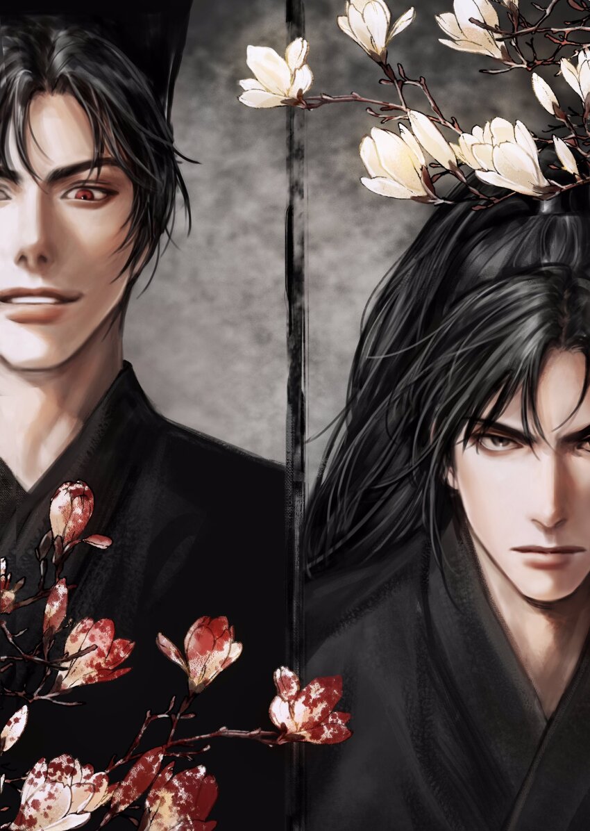 2boys black_eyes black_hair black_hanfu blood blood_on_flower chinese_clothes closed_mouth dual_persona erha_he_ta_de_bai_mao_shizun flower furrowed_brow grin guan_hat hana_(han_a01) hanfu high_ponytail highres korean_commentary long_hair looking_at_viewer male_focus mian_guan mo_ran multiple_boys ponytail red_eyes serious smile split_screen taxian-jun upper_body white_flower