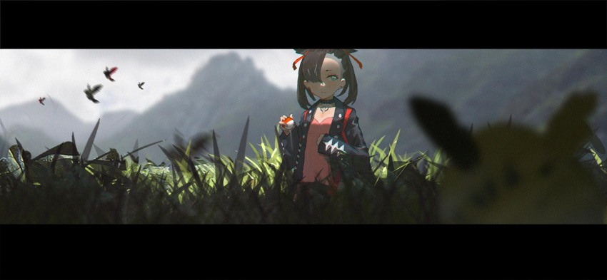 1311422471 1girl asymmetrical_bangs bird black_choker black_hair black_jacket blurry chinese_commentary choker closed_mouth commentary_request day depth_of_field dress earrings facing_viewer grass green_eyes hair_over_one_eye hair_ribbon highres holding holding_poke_ball jacket jewelry letterboxed looking_away marnie_(pokemon) medium_hair mountain nintendo one_eye_covered open_clothes open_jacket outdoors pink_dress poke_ball pokemon pokemon_swsh red_bag red_ribbon ribbon sky solo standing stud_earrings tall_grass upper_body