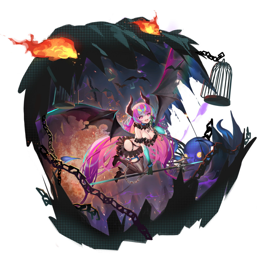 :d black_skirt black_thighhighs breasts cage chain cleavage demon_horns demon_wings flying game_cg girls&#039;_frontline girls&#039;_frontline_neural_cloud highleg highres holding holding_polearm holding_weapon horns large_breasts long_hair neon_palette official_alternate_costume official_art onono_imoko open_mouth pink_eyes pink_hair polearm puzzle_(neural_cloud) skirt smile thighhighs third-party_source weapon wings