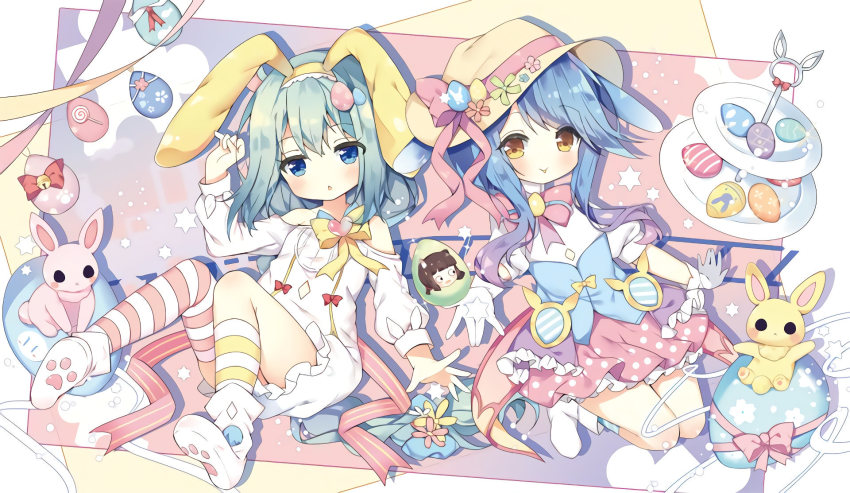 2girls :p animal_ears arm_up azur_lane blue_eyes blue_hair blue_shirt boots braid brown_eyes brown_hair dress easter egg fake_animal_ears gloves hair_ornament hat highres kneehighs long_braid long_hair mikazuki_(azur_lane) minazuki_(azur_lane) multiple_girls mutsuki_(azur_lane) mutsuki_face_(azur_lane) nogi_takayoshi pink_skirt ponytail rabbit rabbit_ears shirt single_kneehigh single_sock single_thighhigh skirt smile socks squirrel_ears striped_clothes striped_legwear striped_socks thighhighs tongue tongue_out very_long_hair white_dress white_footwear white_gloves