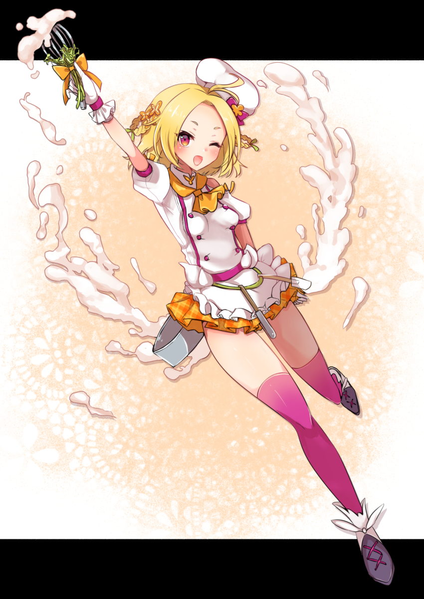 1girl ;d ahoge apron batter blonde_hair bow braid breasts chef chef_hat flower_knight_girl frilled_apron frills full_body hat hat_bow highres holding holding_whisk iyuka_(ecalyu) lace_background letterboxed looking_at_viewer multicolored_eyes one_eye_closed open_mouth orange_background orange_skirt plaid_clothes plaid_skirt purple_bow purple_eyes purple_thighhighs shoes short_hair skirt small_breasts smile solo spatula thighhighs whisk white_apron white_hat yadorigi_(flower_knight_girl) yellow_eyes zettai_ryouiki