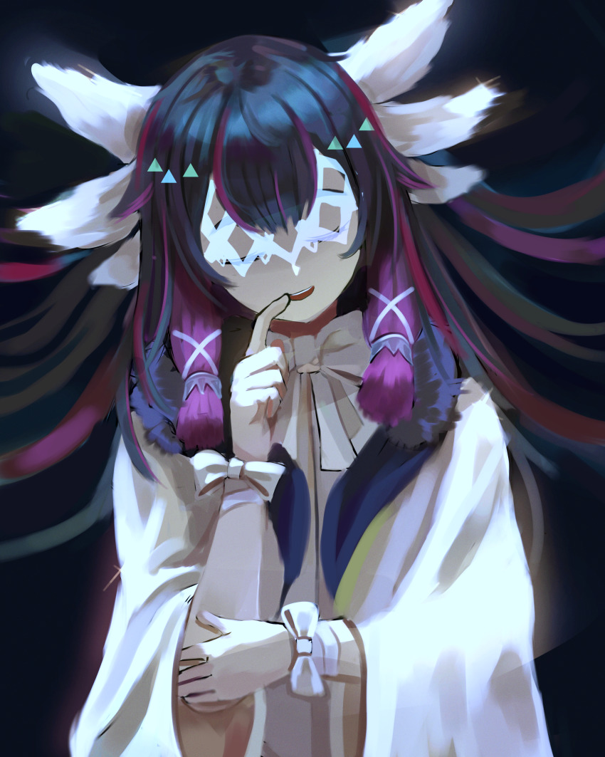 1girl absurdres amoeba_(trtp4248) bandaged_wrist bandaged_wrists bandages black_background black_hair bow closed_eyes columbina_(genshin_impact) genshin_impact hair_spread_out highres long_hair multicolored_hair open_mouth pink_hair solo teeth upper_teeth_only white_bow