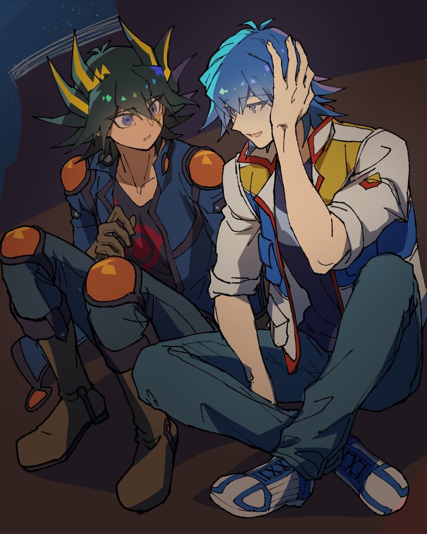 2boys black_hair black_shirt blonde_hair blue_eyes blue_hair blue_jacket blue_pants boots brown_boots bruno_(yu-gi-oh!) collarbone fudo_yusei highres jacket knee_pads male_focus medium_hair multicolored_hair multiple_boys pants purple_eyes shirt shoulder_pads spiked_hair two-tone_hair white_jacket youko-shima yu-gi-oh! yu-gi-oh!_5d&#039;s