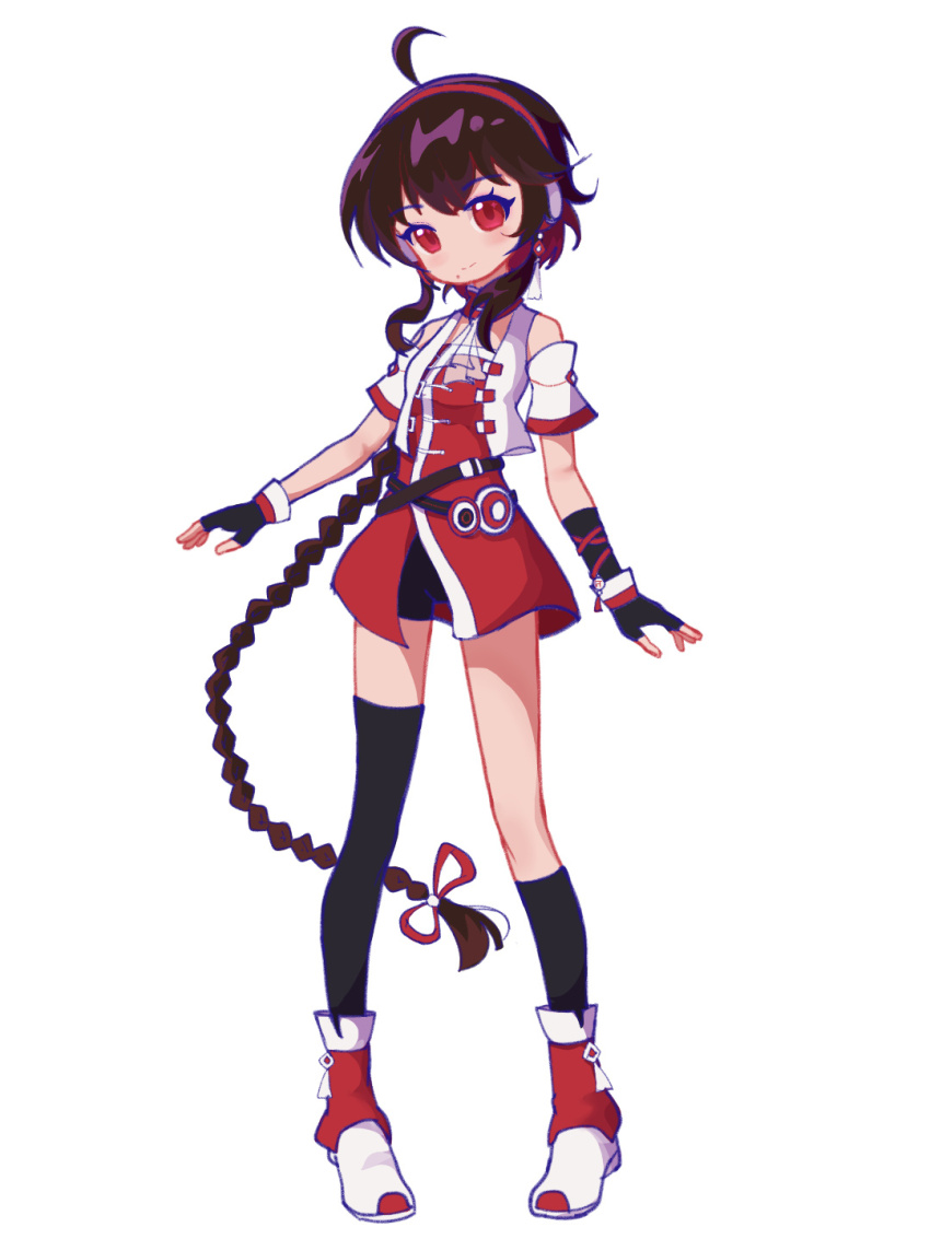 asymmetrical_legwear bare_shoulders belt bike_shorts black_gloves black_hair black_socks black_thighhighs boots braid brown_belt brown_hair closed_mouth cool_colored dress elbow_gloves fingerless_gloves gloves headphones headset highres long_hair mole multicolored_boots open_clothes open_vest pointzhu red_boots red_dress red_eyes red_headset single_braid socks solo thighhighs very_long_hair vest vocaloid vsinger_(vocaloid) white_background white_vest yuezheng_ling yuezheng_ling_v3