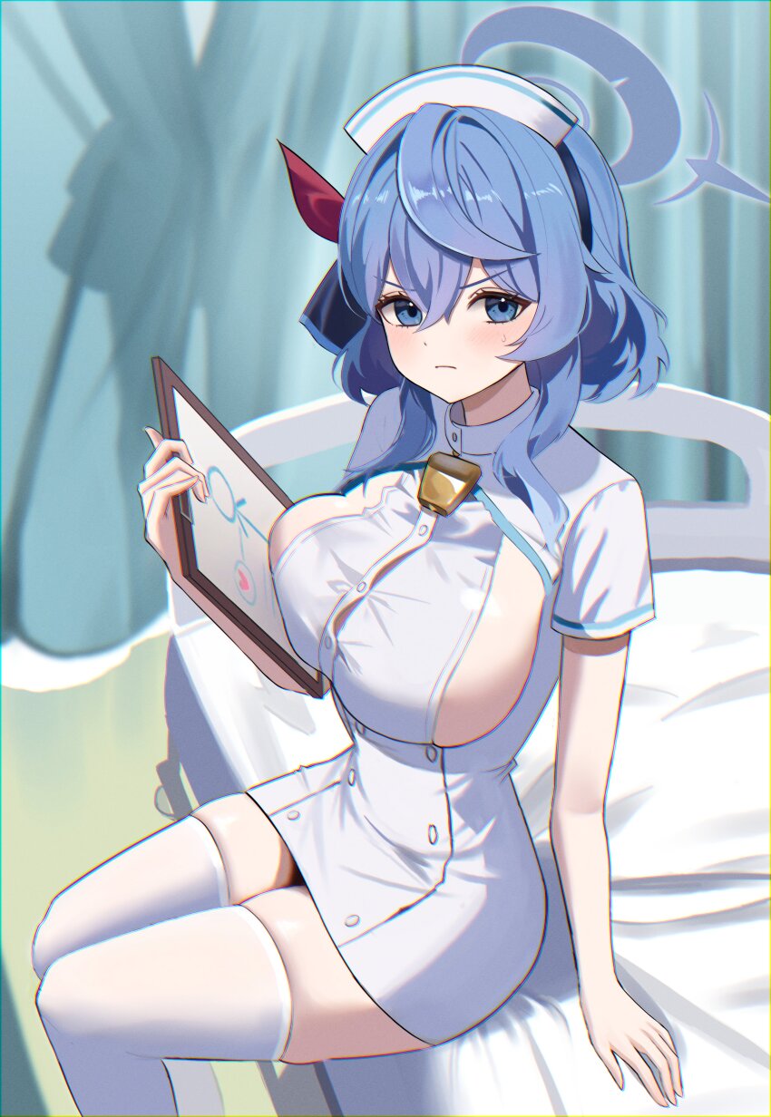 1girl absurdres ako_(blue_archive) alternate_costume bed bed_sheet bell blue_archive blue_eyes blue_hair blue_halo blush breasts clipboard closed_mouth cowbell dress eengchi hair_between_eyes halo hat highres holding holding_clipboard hospital_bed large_breasts looking_at_viewer medium_hair neck_bell nurse nurse_cap on_bed privacy_screen short_sleeves sideboob thighhighs thighs v-shaped_eyebrows white_dress white_thighhighs