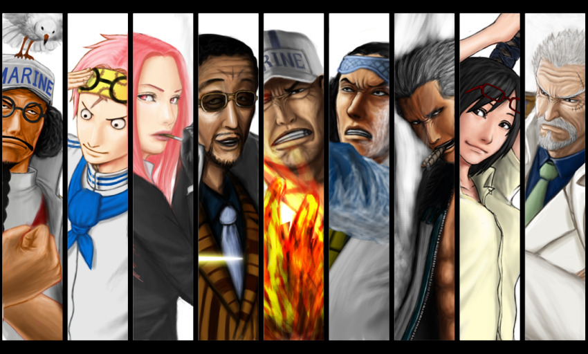 1girl 2girls 6+boys afro animal baseball_cap bird black_hair blue_neckerchief blue_necktie borsalino_(kizaru) braid braided_beard cigar cigarette clenched_hand closed_mouth curly_hair english_text eyewear_on_head facial_hair fire glasses grey_hair hat hina_(one_piece) jimno koby_(one_piece) kuzan_(aokiji) long_hair looking_at_viewer mask mask_on_head military_uniform monkey_d._garp multiple_boys multiple_girls mustache neckerchief necktie one_piece pink_hair round_eyewear sakazuki_(akainu) scar scar_on_face seagull sengoku_(one_piece) short_hair sleepwear smile smoker_(one_piece) sunglasses tashigi teeth white_hair