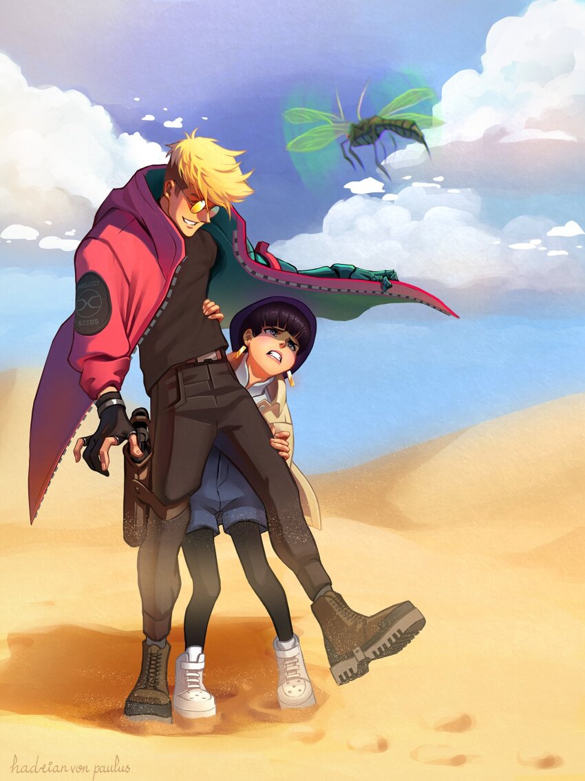 1boy 1girl agl_arms_.45_long_colt black_pants blonde_hair blue_sky break-action_revolver brown_footwear bug cloud cloudy_sky coat desert earrings frauvonpaulus gun handgun highres jewelry low_bore_axis_revolver meryl_stryfe pants petite prosthesis prosthetic_arm red_coat revolver sand shadow sky sunglasses trigun trigun_stampede vash_the_stampede weapon white_footwear