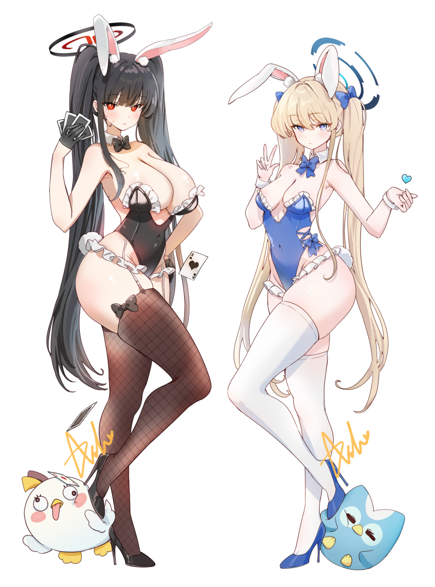 2girls absurdres alternate_costume alternate_hairstyle animal_ear_fluff animal_ears ash_(cat7evy) bare_arms black_bow black_bowtie black_gloves black_hair black_leotard black_shoes black_thighhighs blonde_hair blue_archive blue_bow blue_bowtie blue_eyes blue_leotard blue_shoes blunt_bangs bow bowtie breasts card cleavage closed_mouth detached_collar fishnet_thighhighs fishnets gloves hair_bow hand_on_own_hip high_heels highleg highleg_leotard highres holding holding_card large_breasts leotard long_hair looking_at_viewer multiple_girls peroro_(blue_archive) playboy_bunny playing_card rabbit_ears rabbit_girl rabbit_tail red_eyes rio_(blue_archive) shoes sidelocks standing standing_on_one_leg tail thighhighs toki_(blue_archive) twintails w white_thighhighs wrist_cuffs