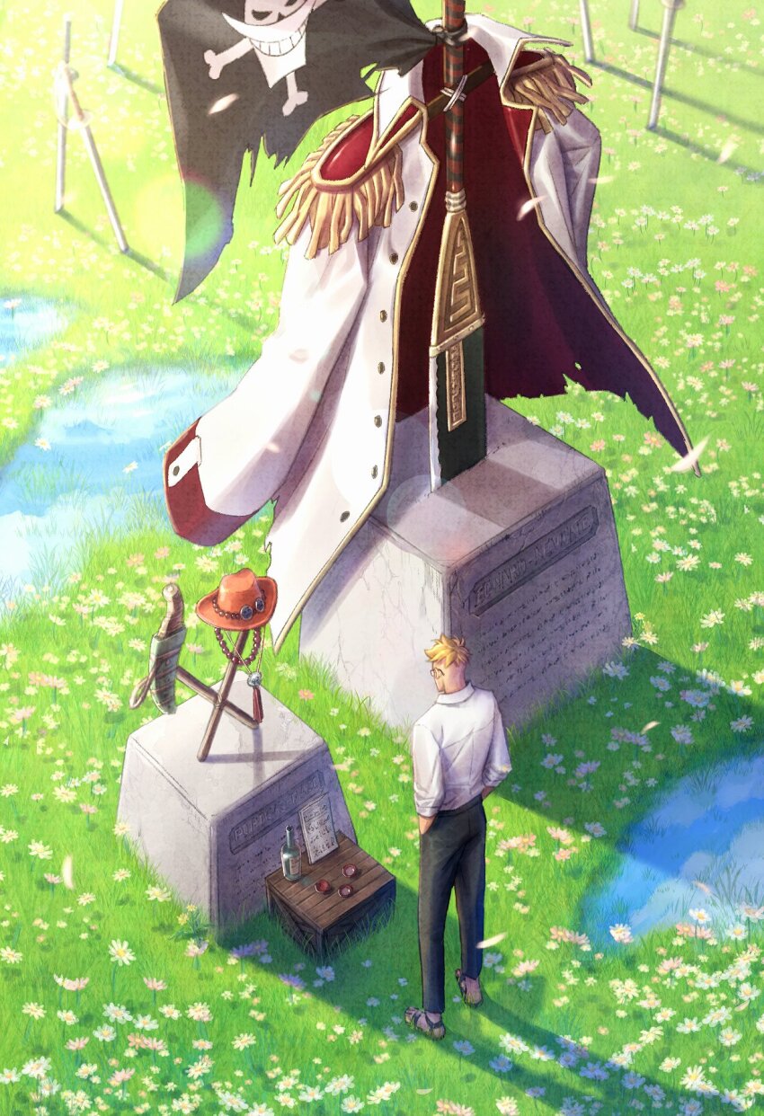 1boy black_pants bottle coat commentary_request cup edward_newgate flower glasses grave hat highres jolly_roger long_sleeves male_focus marco_(one_piece) murokan_77 one_piece orange_hat outdoors pants portgas_d._ace puddle sakazuki sandals shirt tombstone white_coat white_flower white_shirt whitebeard_pirates_jolly_roger