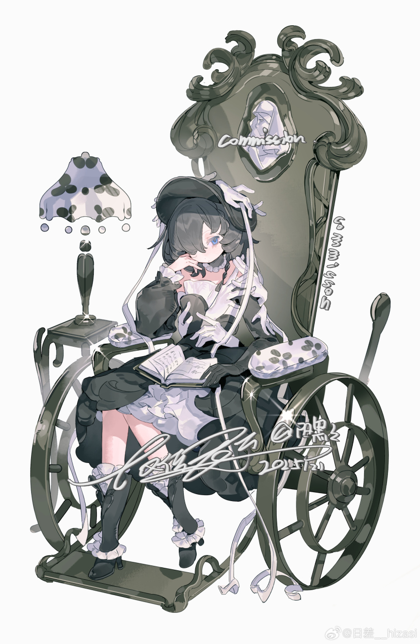 1girl absurdres black_dress black_hair blue_eyes book chair dress frills full_body grey_hair hair_over_one_eye hat highres holding long_hair long_sleeves looking_at_viewer open_book original simple_background sitting solo white_background yangheihei