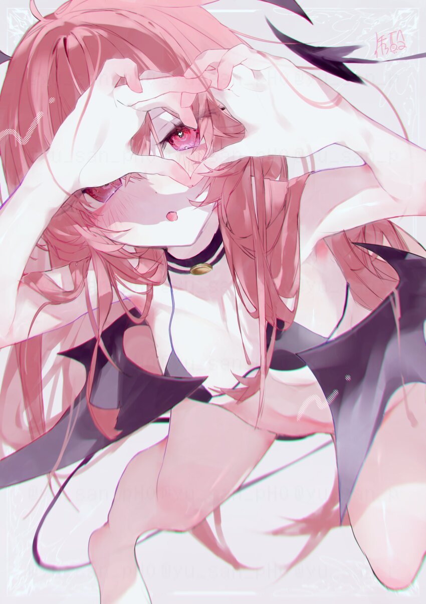 1girl :o absurdres ahoge alternate_costume arms_up barefoot bat_wings bikini bikini_top_only black_bikini black_tail blush bottomless breasts chromatic_aberration commentary demon_tail dot_nose eyelashes from_above full_body hair_flowing_over head_wings heart heart-shaped_pupils heart_hands highres jewelry koakuma long_hair looking_at_viewer low_wings medium_breasts necklace red_eyes red_hair simple_background solo swimsuit symbol-shaped_pupils tail touhou very_long_hair white_background wings yu_san_ph0