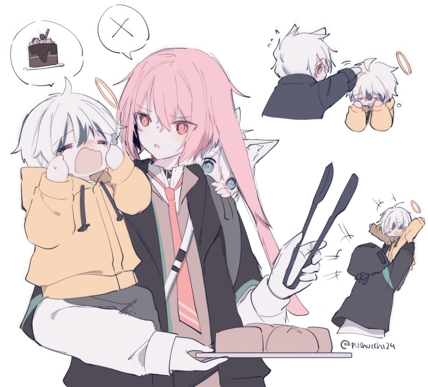 1other 3boys =_= ^^^ adnachiel_(arknights) aged_down ahoge animal_ears ansel_(arknights) arknights bag black_jacket blue_eyes brown_vest cake chibi chibi_inset collared_shirt comforting commentary crying doctor_(arknights) english_commentary facing_away food gloves grey_pants halo happy headpat highres hood hood_up hooded_jacket hoodie jacket long_sleeves lop_rabbit_ears multiple_boys necktie open_mouth outstretched_arms pants peeking pink_eyes pink_hair pushu rabbit_ears red_necktie shirt short_hair simple_background speech_bubble spoken_x spread_arms steward_(arknights) twitter_username vest white_background white_gloves white_hair white_shirt yellow_hoodie