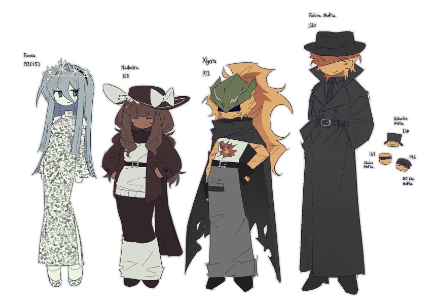 2girls 5boys air_zizon android black_coat black_hairband black_hat blonde_hair blue_hair bow brown_hair brown_jacket coat colored_skin dress eunoia_(frozen_soul) fedora frozen_soul green_helmet hair_bow hairband hat helmet high_ponytail highres jacket low_twintails mafioso_(frozen_soul) multiple_boys multiple_girls nashatra_bealdhild ponytail roblox sidelocks sweater trench_coat twintails white_bow white_dress white_skin white_sweater xigeris_(frozen_soul) yellow_skin