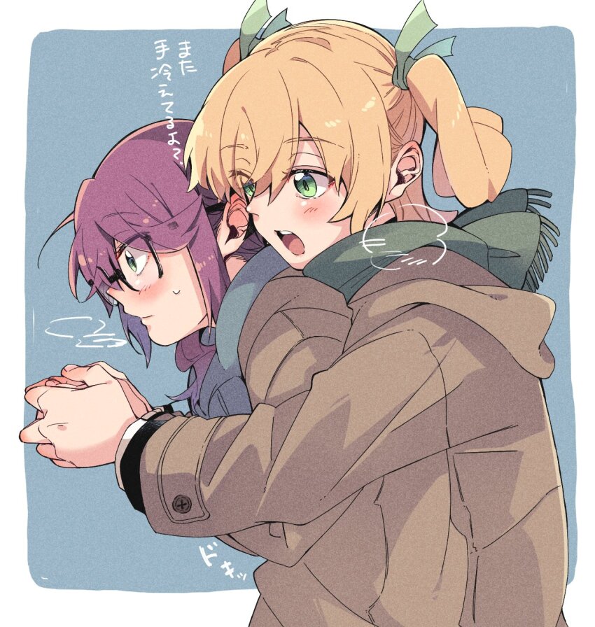 2girls bbr_brbr behind_another black-framed_eyewear blonde_hair blue_background blue_scarf blush border breath brown_coat closed_mouth coat commentary daiba_nana from_side glasses green_eyes green_ribbon green_scarf hair_between_eyes hair_over_shoulder hair_ribbon hands_up highres holding_hands hoshimi_junna long_hair long_sleeves looking_ahead looking_at_another looking_at_hands multiple_girls open_mouth outside_border profile purple_hair ribbon rounded_corners scarf short_hair short_twintails shoujo_kageki_revue_starlight simple_background standing sweatdrop teeth translated twintails upper_body upper_teeth_only warming_hands white_border wide-eyed winter_clothes yuri
