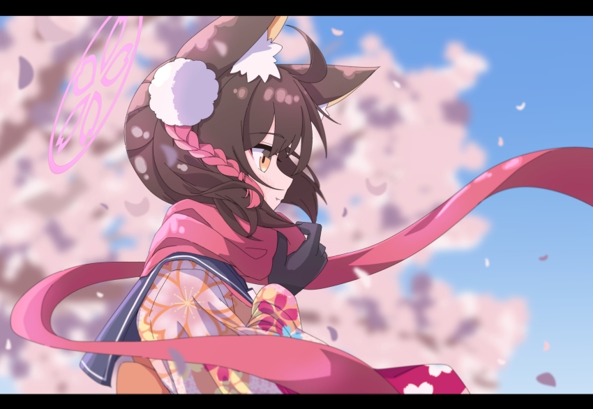 1girl animal_ear_fluff animal_ears blue_archive blue_sailor_collar blush brown_hair fox fox_girl halo highres izuna_(blue_archive) karon_(karon_cha) pink_halo red_scarf sailor_collar scarf school_uniform smile upper_body