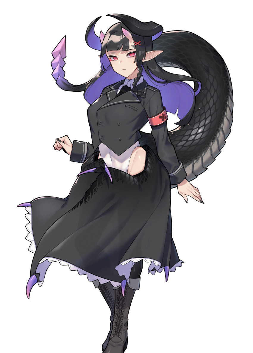 1girl absurdres armband black_hair black_nails black_necktie collared_shirt dragon_girl dragon_horns dragon_tail fingernails full_body highres horns leotard long_finger long_hair long_sleeves looking_at_viewer multicolored_hair nail_polish necktie original pointy_ears purple_hair red_eyes sharp_fingernails shirt solo standing tail toriniku29 two-tone_hair white_leotard