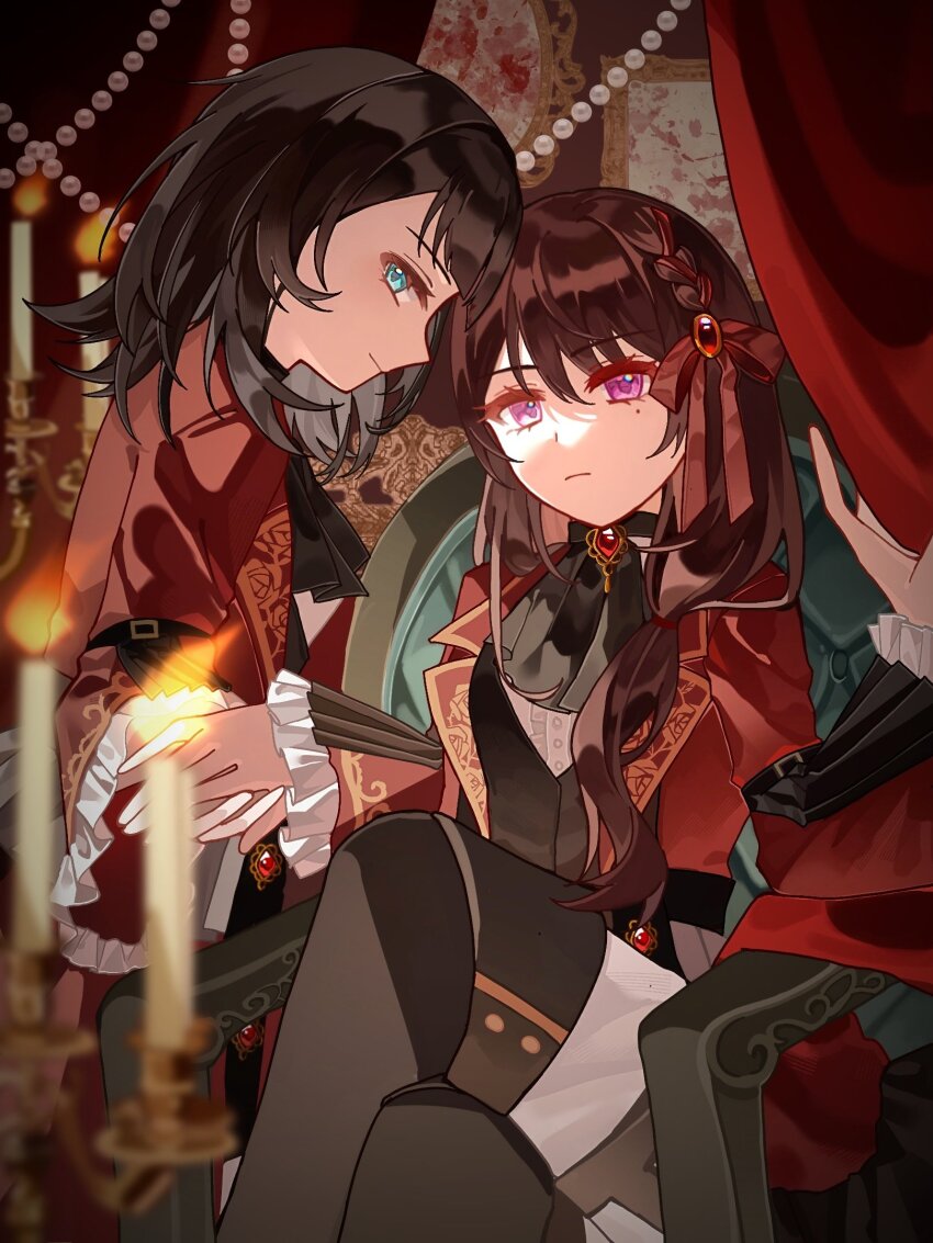 2girls arm_belt ascot bang_dream! bang_dream!_it&#039;s_mygo!!!!! belt belt_buckle black_ascot black_belt black_boots black_choker black_hair black_vest blood blood_stain blue_eyes blurry blurry_foreground boots brown_hair buckle candelabra candle candlestand center_frills chair choker closed_mouth crossed_legs curtains depth_of_field feet_out_of_frame fire floral_print frilled_sleeves frills gem hair_ribbon hair_tie hand_up hashtag-only_commentary highres holding_hands jacket lapels light_smile long_hair long_sleeves looking_at_viewer looking_to_the_side low-tied_long_hair low_side_ponytail medium_hair minon_(momoiminon0420) mole mole_under_eye multiple_girls notched_lapels official_alternate_costume official_alternate_hairstyle on_chair open_clothes open_jacket pants pearl_(gemstone) picture_frame print_jacket profile purple_eyes red_brooch red_jacket red_ribbon ribbon shiina_taki short_braid sitting vest waistcoat white_pants wide_sleeves yahata_umiri