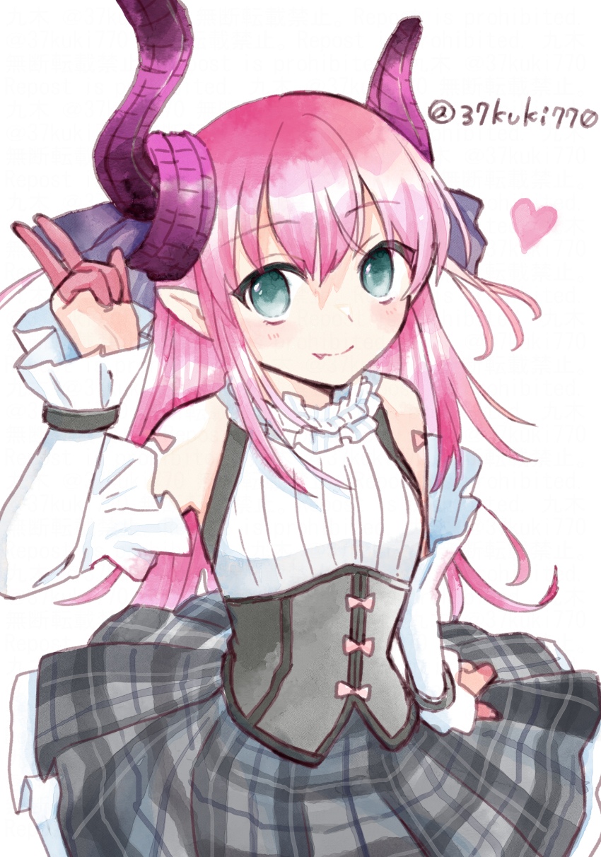 1girl 37kuki770 asymmetrical_horns bare_shoulders black_corset blush commentary_request corset elizabeth_bathory_(fate) elizabeth_bathory_(fate/extra) fang fate/grand_order fate_(series) finger_cots green_eyes hair_ribbon heart highres horns long_hair pink_hair plaid_clothes plaid_skirt pointy_ears ribbon skirt smile v