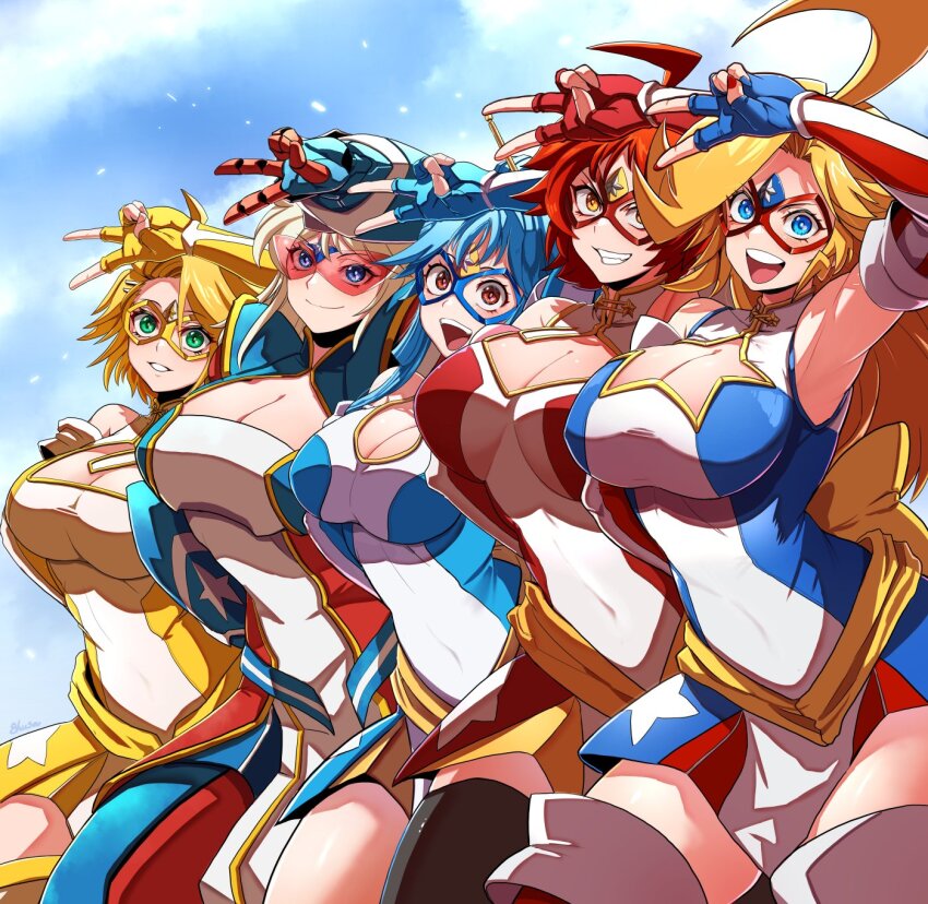 5girls ahoge american_flag american_flag_print blonde_hair blue_eyes blue_gloves blue_hair blush boots breasts brown_eyes cleavage cleavage_cutout closed_mouth clothing_cutout domino_mask dress earrings elbow_gloves eye_mask fingerless_gloves flag_print fujioka_yatsufusa glasses gloves gold_bow hair_ornament hair_stick hairband highres jewelry kamen_america kamen_america_(comic) kamen_comet kamen_ramen kamen_terra kamen_victory large_breasts leotard long_hair looking_at_viewer mask multiple_girls open_mouth patriotism purple_eyes red_hair short_hair smile star_(symbol) star_cutout star_earrings striped_clothes striped_footwear superhero_costume thigh_boots thighhighs tinted_eyewear v vertical-striped_footwear very_long_hair