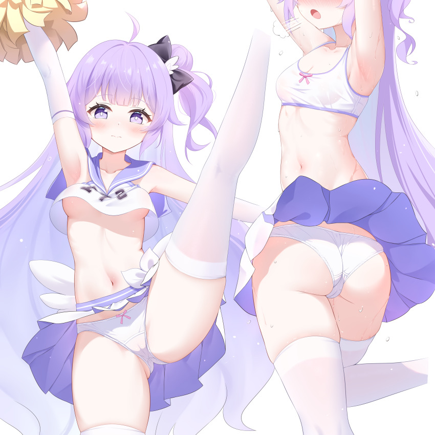1girl absurdres ahoge arm_up armpits arms_up ass azur_lane black_bow blush bow breasts cameltoe cheerleader closed_mouth commentary_request cropped_shirt elbow_gloves gloves hair_bow hair_bun heavy_breathing highres holding holding_pom_poms leg_up long_hair looking_at_viewer miniskirt multiple_views navel one_side_up open_mouth panties pleated_skirt pom_pom_(cheerleading) pom_poms purple_eyes purple_hair purple_sailor_collar purple_skirt qian_hen sailor_collar shirt simple_background single_side_bun skirt sleeveless sleeveless_shirt small_breasts split standing standing_on_one_leg standing_split stomach sweat thighhighs thighs underboob underwear unicorn_(azur_lane) unicorn_(champion_of_unicorn)_(azur_lane) white_background white_panties white_thighhighs