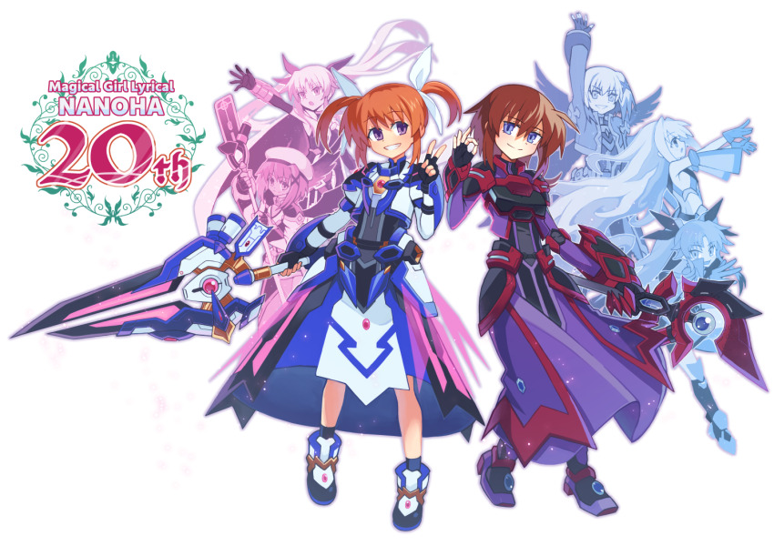 6+girls anniversary armor armored_dress black_gloves brown_hair dress fate_testarossa fate_testarossa_(blaze_iii) finger_counting fingerless_gloves gloves hand_up hibun_tsukasa holding holding_polearm holding_staff holding_weapon levi_the_slasher lord_dearche luciferion lyrical_nanoha mage_staff magical_girl mahou_shoujo_lyrical_nanoha_detonation multiple_girls ok_sign polearm raising_heart raising_heart_estrea rod_(nanoha) shoes short_hair simple_background smile staff stern_the_destructor takamachi_nanoha takamachi_nanoha_(formula_ii) twintails v weapon white_background yagami_hayate yuri_eberwein