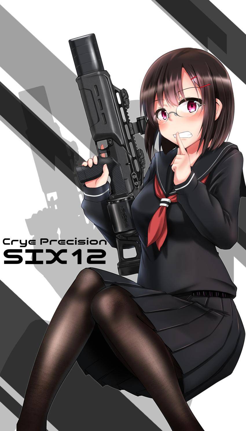 1girl absurdres black_pantyhose black_skirt breasts brown_hair bullpup crye_precision english_text feet_out_of_frame finger_to_mouth gas-seal_revolver glasses gun hair_ornament hairclip hands_up highres holding holding_weapon integral_suppressor integrally-suppressed_firearm long_sleeves looking_at_viewer medium_breasts medium_hair open_mouth optical_sight original pantyhose pink_eyes pleated_skirt revolver_shotgun salvo_12 school_uniform sekino_takehiro serafuku shotgun silencerco six12 skirt solo stand-alone_configuration suppressor teeth trigger_discipline weapon weird_guns_of_the_world