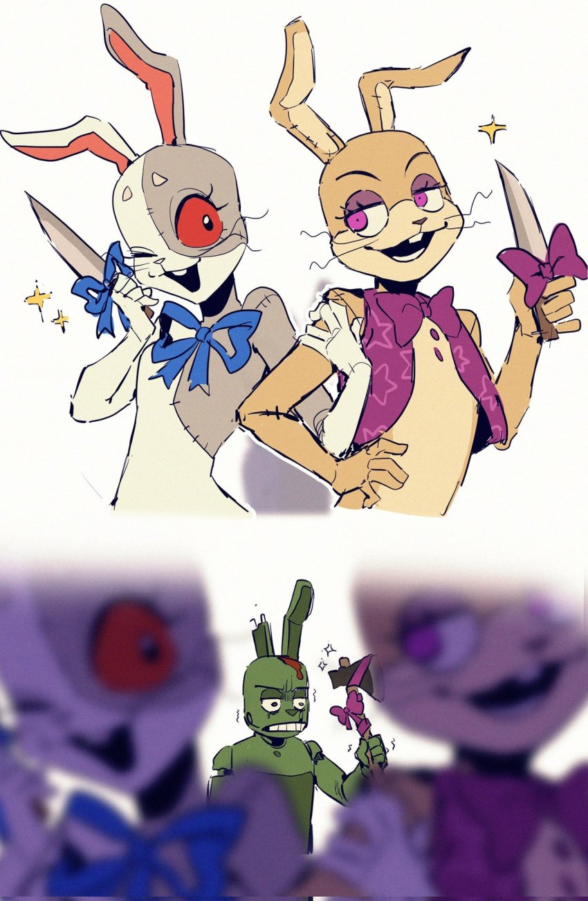 1boy 1girl animal_costume axe blood bodysuit bow bowtie five_nights_at_freddy&#039;s five_nights_at_freddy&#039;s:_help_wanted five_nights_at_freddy&#039;s:_security_breach five_nights_at_freddy&#039;s_3 fullbban_g furry furry_female glitchtrap highres injury jacket knife looking_at_another mask open_mouth purple_eyes rabbit_costume red_eyes ribbon smile sparkle springtrap teeth upper_body vanny_(fnaf) weapon