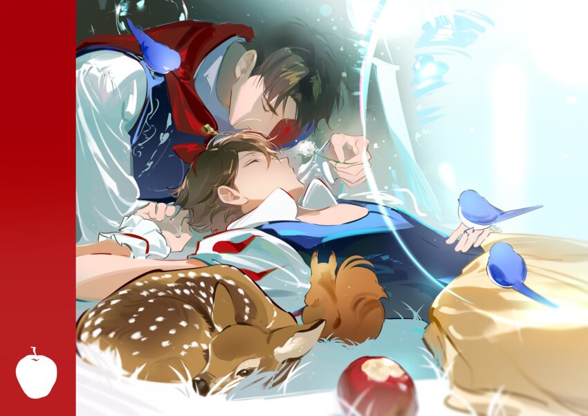 2boys animal animal_on_shoulder apple arm_up bird bird_on_hand bird_on_shoulder blue_bird blue_vest bow brown_hair bubble cape closed_eyes closed_mouth collared_dress commentary cosplay crossdressing crossover deer disney dress fandangyu flower food fruit haikyuu!! hair_bow hashtag-only_commentary highres holding holding_flower kiss kissing_forehead long_sleeves lying male_focus multiple_boys oikawa_tooru_(haikyuu!!) on_back popped_collar prince_charming_(disney) prince_charming_(disney)_(cosplay) red_bow red_cape shirt snow_white_(disney) snow_white_(disney)_(cosplay) soap_bubbles squirrel ushijima_wakatoshi vest white_flower white_shirt wrist_cuffs yaoi
