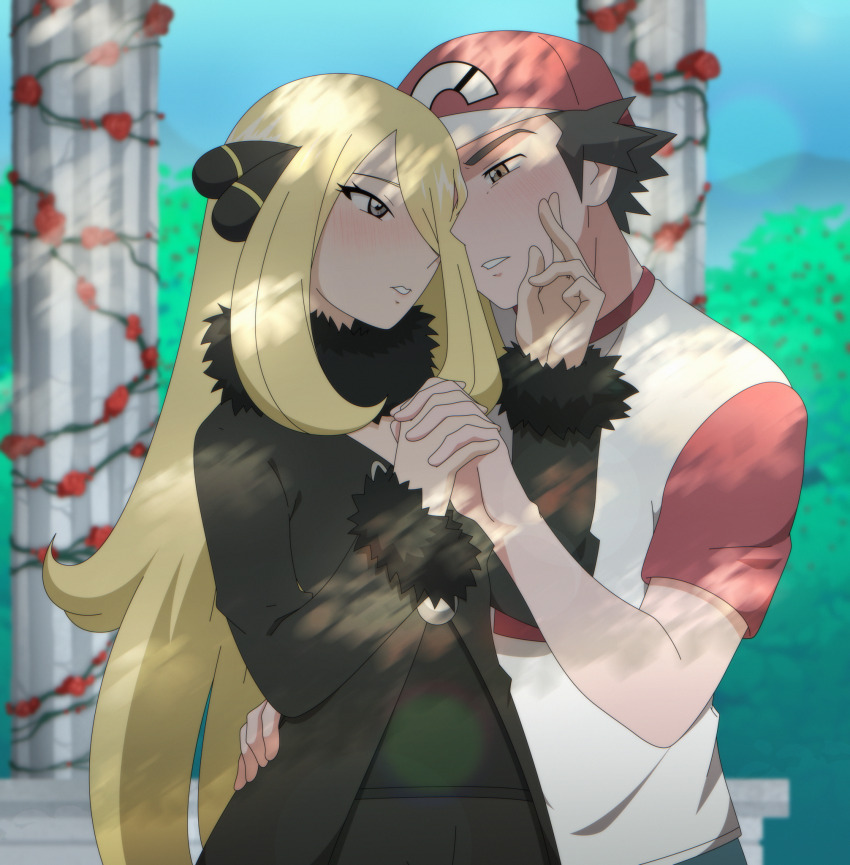 baseball_cap blonde_hair brown_hair cynthia_(pokemon) flower fur_trim hair_ornament hair_over_one_eye hand_on_another&#039;s_face hat highres holding_hands long_hair nintendo pok3d pokemon pokemon_dppt pokemon_sm red_(pokemon) red_(pokemon_sm) rose second-party_source shirt t-shirt