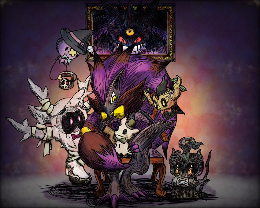 1other :&lt; alternate_color animal_ears animal_feet bandages black_eyes black_fur black_headwear black_sclera body_fur bow bowtie claws closed_mouth clothed_pokemon colored_sclera colored_tips cup cursola drifloon drink duskull floating free_butterfree full_body furry gen_1_pokemon gen_3_pokemon gen_4_pokemon gen_5_pokemon gen_6_pokemon gen_7_pokemon gen_8_pokemon gengar green_bow green_bowtie green_headwear grin happy hat highres holding holding_cup holding_drink indoors leaf legendary_pokemon long_hair looking_at_another looking_down low-tied_long_hair marshadow mega_gengar mega_pokemon mimikyu mini_hat mini_top_hat mug multicolored_hair mythical_pokemon neck_fur nintendo on_chair orange_eyes painting_(object) phantump picture_frame pink_eyes pink_hair pokemon pokemon_(creature) red_bow red_bowtie red_eyes red_fur red_hair red_sclera shiny_pokemon sitting smile snout solid_oval_eyes standing teeth through_medium through_painting top_hat traditional_bowtie two-tone_hair very_long_hair white_bow white_bowtie witch_hat wolf_ears yellow_bow yellow_bowtie yellow_eyes yellow_pupils zoroark