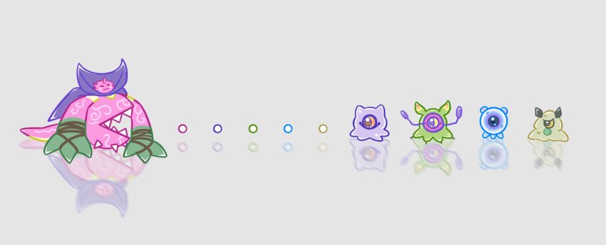 algomon algomon_baby_ii bacchusmon cape colored_skin digimon digimon_(creature) highres horns kuramon looking_at_another pac-man_(game) pink_skin puyomon sharp_teeth sunamon tail teeth