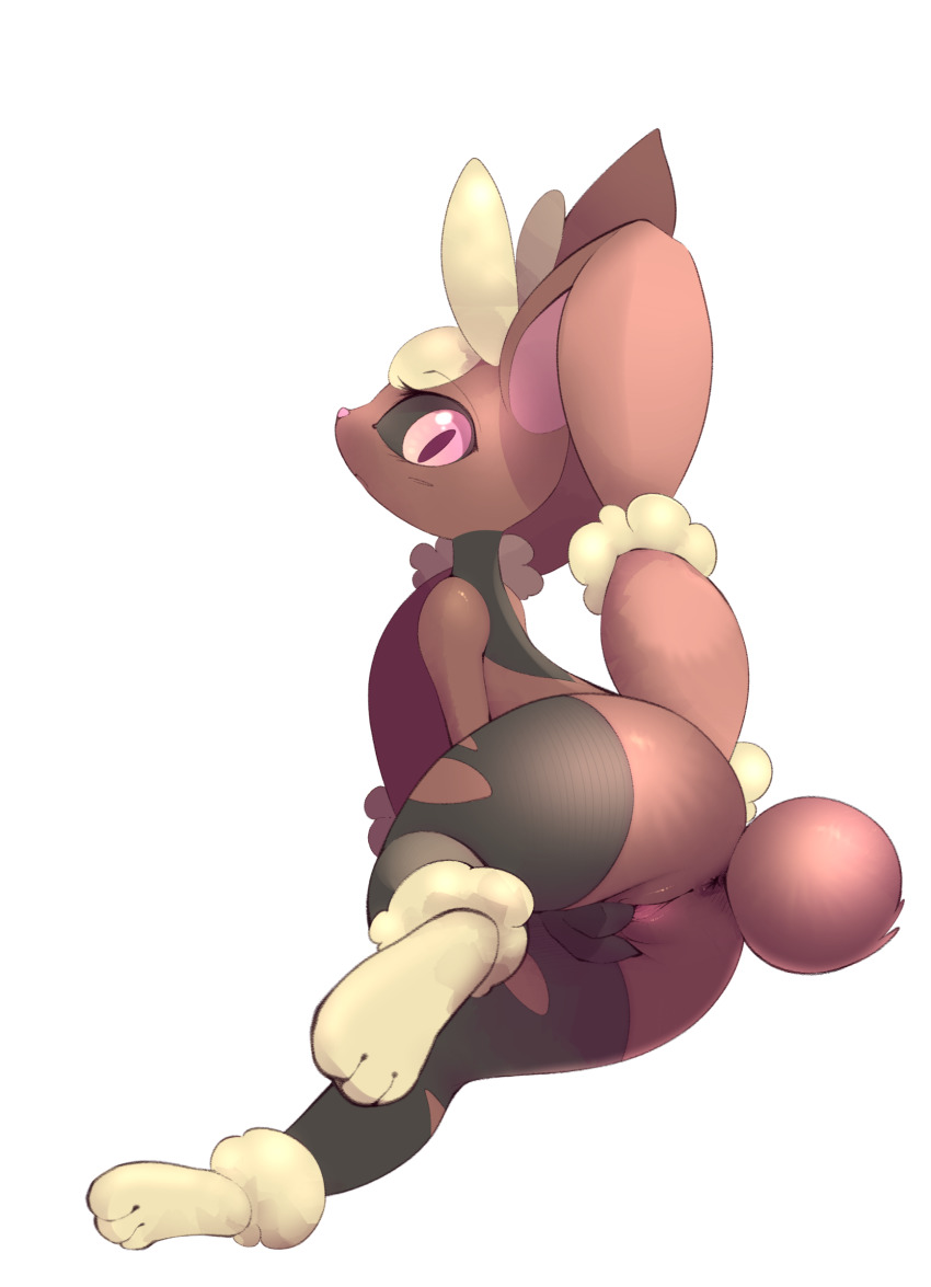 1girl :&lt; animal_ears animal_feet animal_hands animal_nose anus ass b-epon black_sclera black_thighhighs blush body_fur brown_fur cleft_of_venus closed_mouth colored_sclera feet female_focus female_masturbation fingering from_behind full_body furry furry_female gen_4_pokemon highres light_blush looking_back looking_down lopunny masturbation mega_lopunny mega_pokemon nintendo pink_eyes pokemon pokemon_(creature) pussy rabbit_ears rabbit_girl rabbit_tail shiny_skin simple_background solo tail thick_thighs thighhighs thighs torn_clothes two-tone_fur vaginal white_background yellow_fur