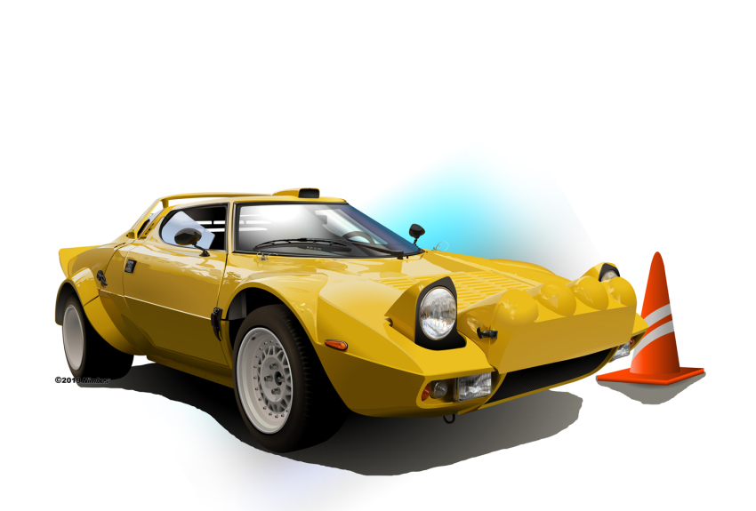 car lancia_(brand) lancia_stratos motor_vehicle nimbus_goldbrum no_humans original pop-up_headlights simple_background sports_car traffic_cone vehicle_focus white_background yellow_car