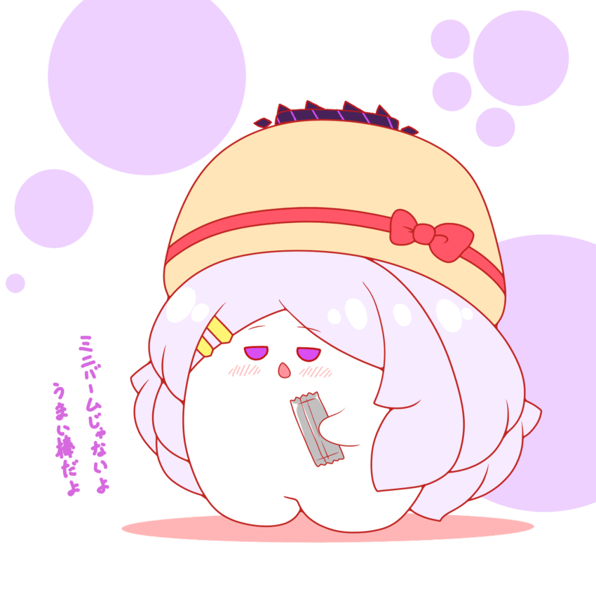 blue_archive blush bow brown_hat chestnut_mouth chibi colored_shadow grey_hair hair_ornament hairclip halo hat hat_bow highres hina_(blue_archive) holding kurukurumagical long_hair parted_bangs parted_lips purple_eyes red_bow shadow solo standing translation_request very_long_hair white_background
