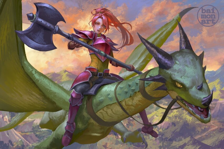1girl armor artist_name axe baimon battle_axe breastplate claws cloud commentary dawn double-sided_axe dragon riding_dragon english_commentary faulds fire_emblem fire_emblem:_path_of_radiance flying greaves holding holding_axe horns jill_(fire_emblem) long_hair looking_at_viewer nintendo open_mouth outdoors red_eyes red_hair scales sharp_teeth shoulder_armor teeth twitter_username weapon wyvern yellow_eyes