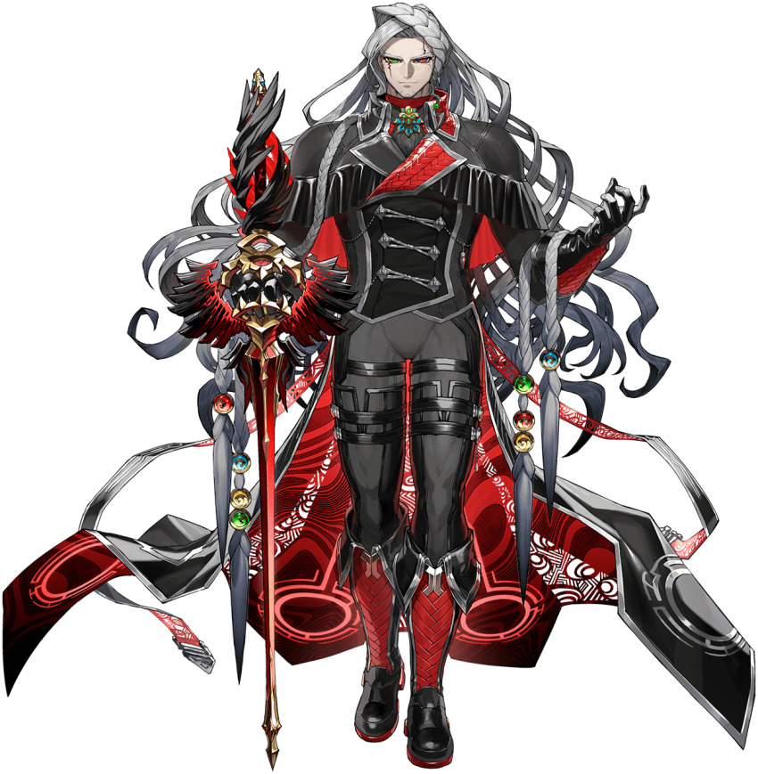 1boy alessandro_di_cagliostro_(fate) beard black_bodysuit bodysuit braid facial_hair fate/grand_order fate_(series) full_body green_eyes grey_hair heterochromia highres id_(fate/grand_order) long_hair looking_at_viewer male_focus official_art outline red_eyes routo second-party_source solo standing sword transparent_background weapon white_outline
