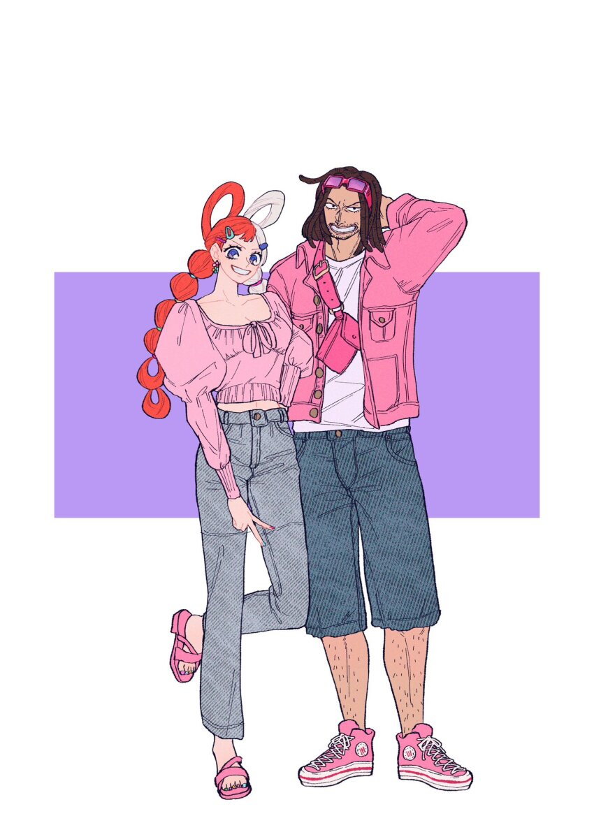 1girl arm_behind_head beard_stubble commentary_request dreadlocks earrings eyewear_on_head facial_hair full_body hair_ornament hairpin heart_blody highres jacket jewelry leg_hair long_sleeves one_piece one_piece_film:_red pink_jacket pink_shoes purple_background purple_eyes red_hair shirt shoes shorts simple_background smile standing standing_on_one_leg stubble twintails uta_(one_piece) white_hair white_shirt yasopp
