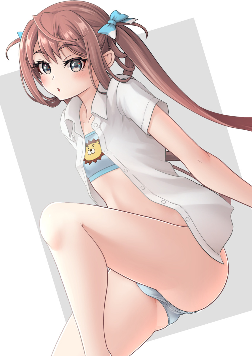 1girl absurdres asagumo_(kancolle) blue_bow blush bow bra breasts brown_hair collared_shirt grey_eyes hair_bow highres kantai_collection long_hair looking_at_viewer makura_(y_makura) open_clothes open_shirt panties shirt short_sleeves small_breasts solo twintails underwear white_shirt